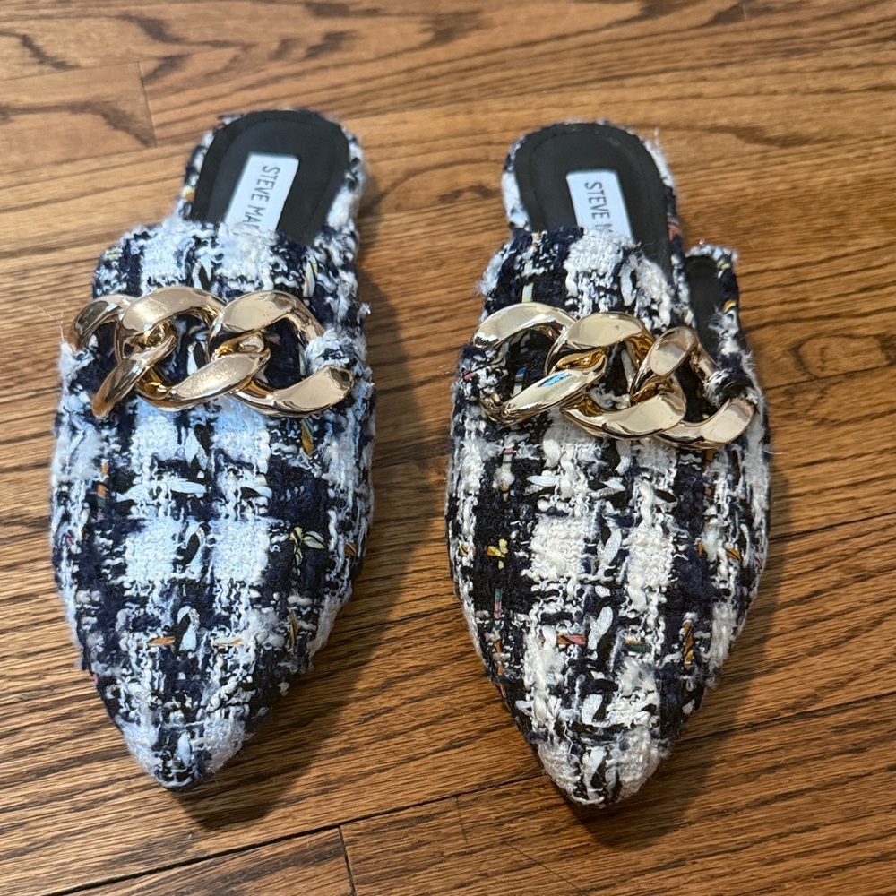 Steve Madden Navy and White Tweed Mules with Gold Chain